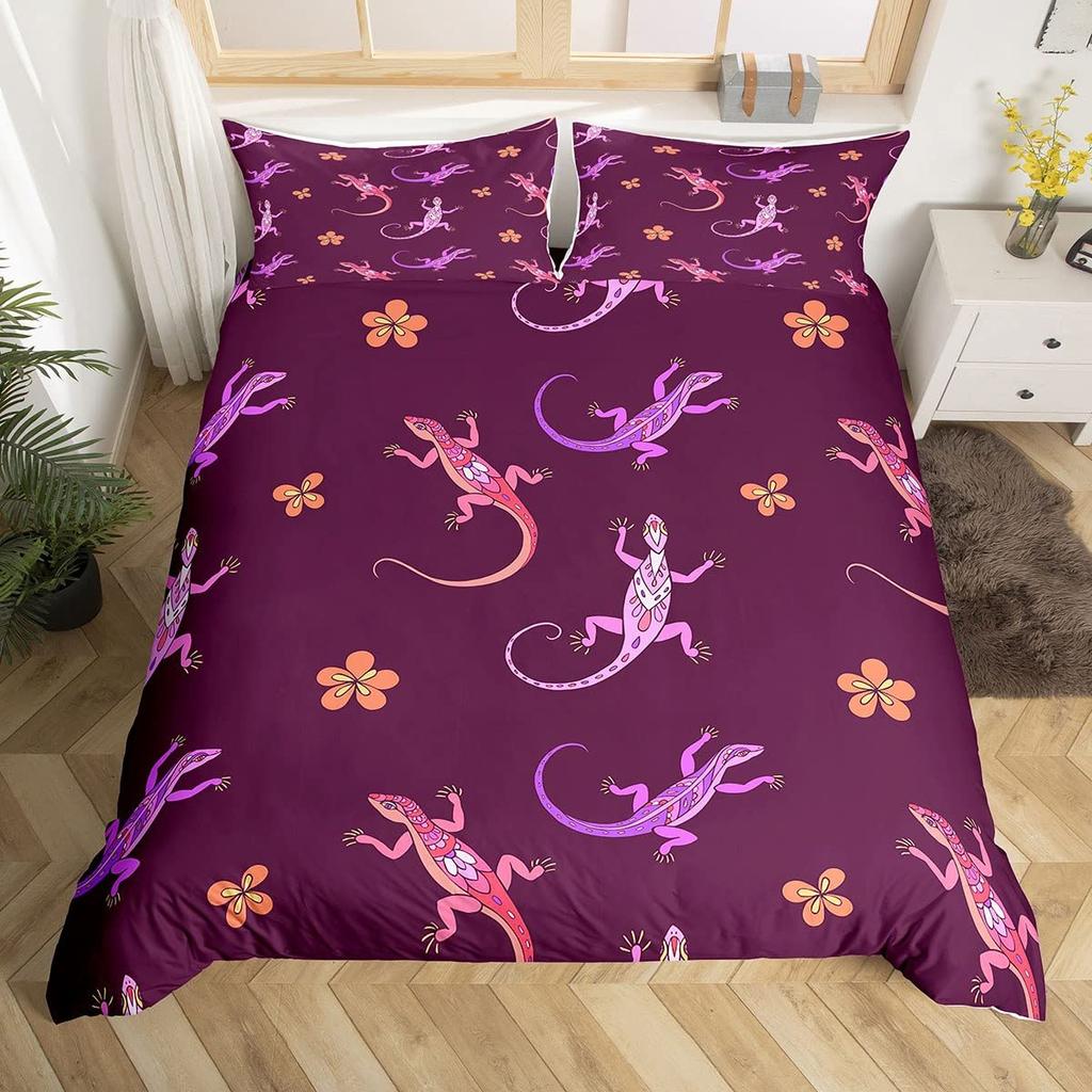 Lizard Warm Comforter Cover for Tens, Reptile Soft Duvet Cover Twin Sized Dimensions, Bohemian Paisley Batik Beding Set Exotic Animal Comfortable