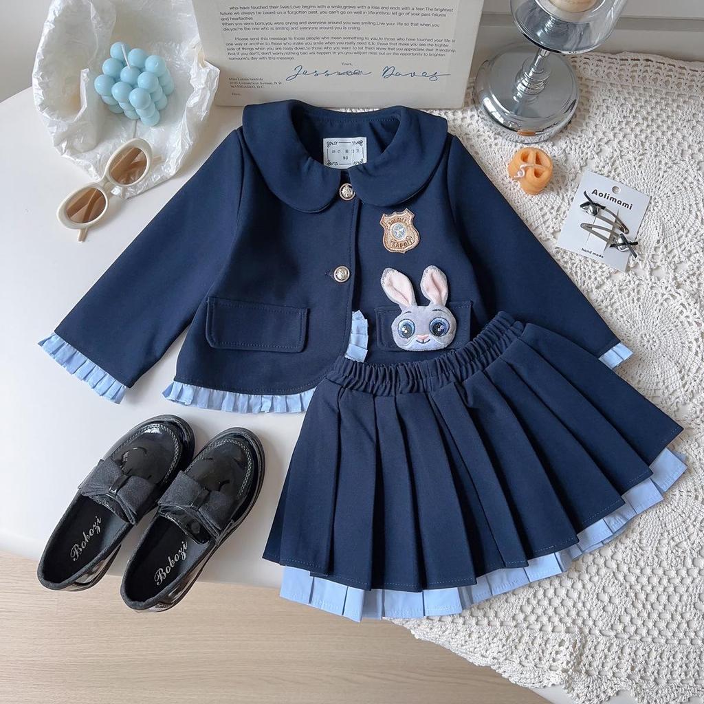 Girls' Rabbit Police Officer Outfit: Stylish Spring/Autumn Coat & Pleated Skirt Set for Baby Girls - Two-Piece (AQB063)