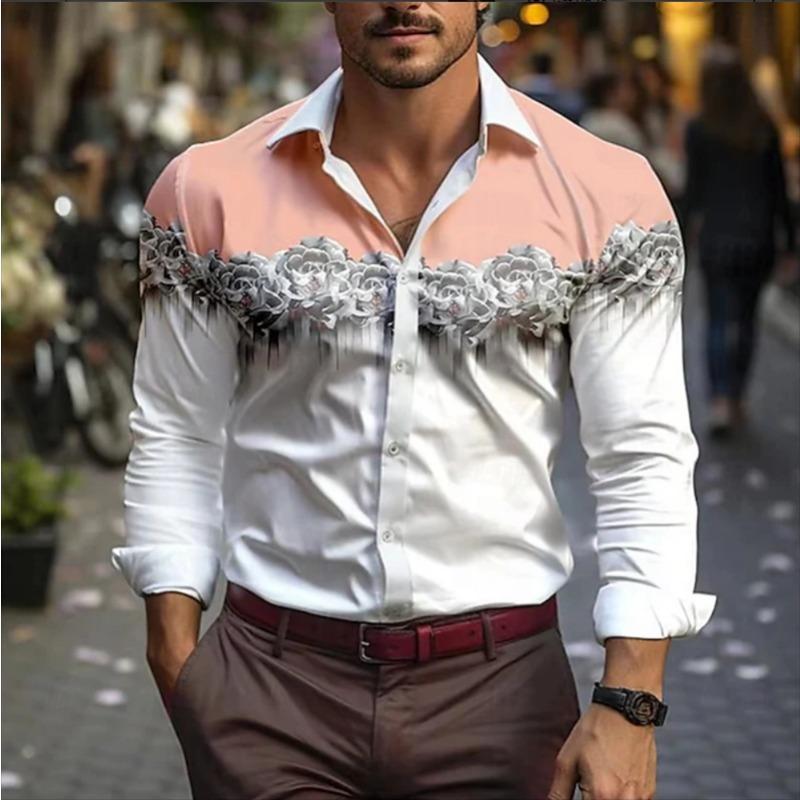 Luxury Shirt 3D Flower Printed Shirt Men's Fashion Shirt Men's Flap Collar Shirt Beach Menswear Business