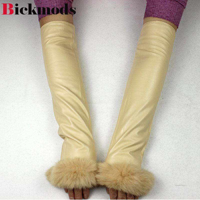 40CM Long Leather Sleeves Women's Rabbit Fur Cuffs Velvet Lining Warm and Fashionable Sheepskin Fingerless Gloves