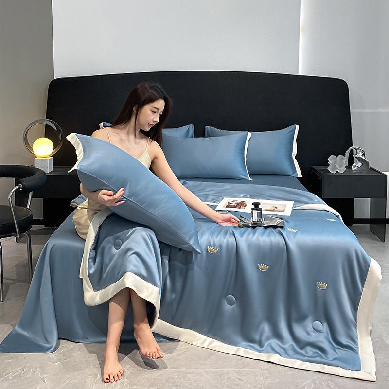 Embroidered Ice Silk Summer Quilt Set: 4-Piece, Machine Washable, Thin & Cool