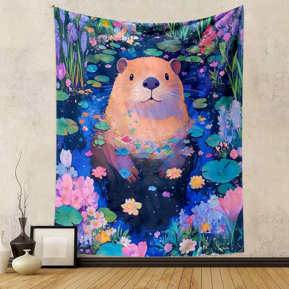"Adorable Otter in Floral Pond Scene" Patterned tapestry home decor, suitable for bedroom and living room, gift