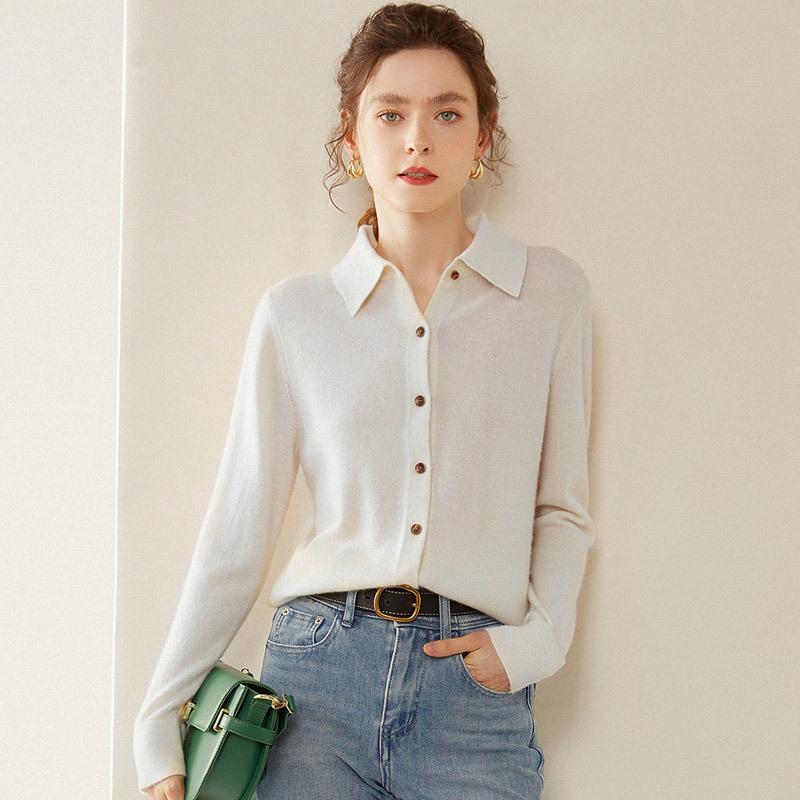 Women's Elegant Cashmere Knit Polo Cardigan - Slimming Autumn/Winter Base Layer