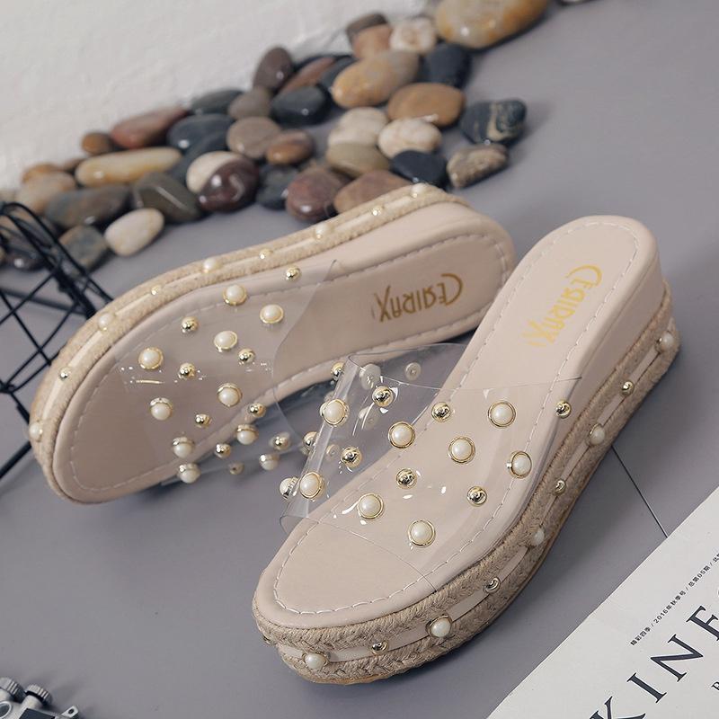 Elegant Women Pearl High-heeled Slippers With Grass Thick-soled Outdoor Sandals
