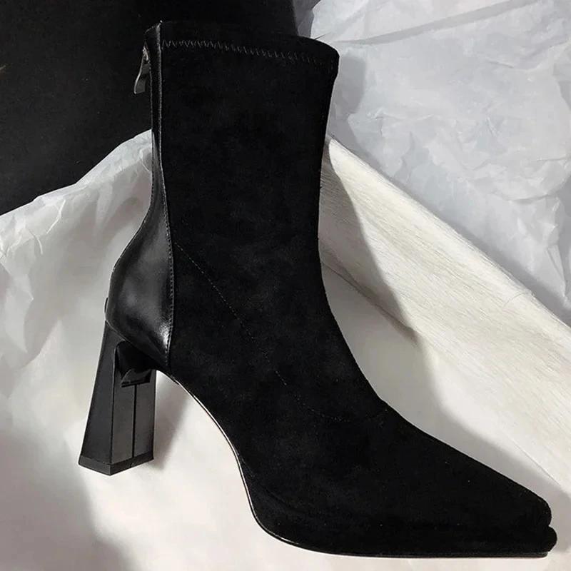 Women High Heels Pointed Toe Ankle Chelsea Boots Suede Chunky Fashion Walking Shoes 2025 Winter Brand Pumps Dress Zapatos Mujer