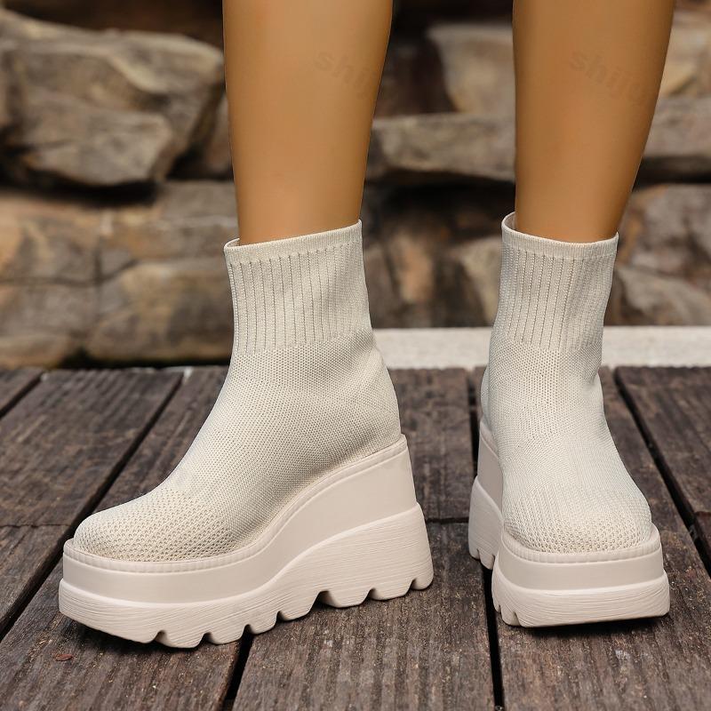 Mesh Breathable Wedge Heel Short Sock Boots for Women , Autumn New Fashion Versatile Comfortable Non Slip Chunky Ankle Boots