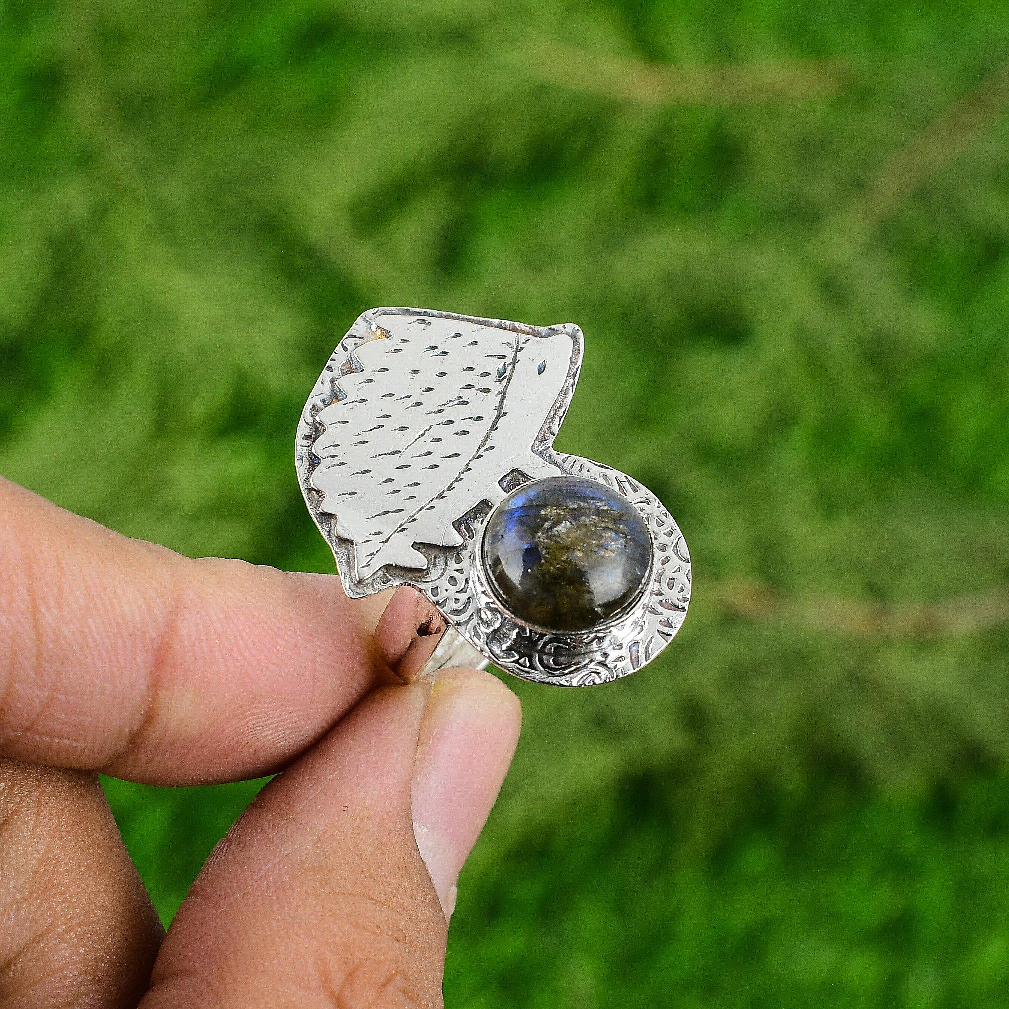 

Round Labradorite Stone Sterling Silver Bezel Statement New Promise Ring Jewelry Adjustable