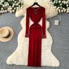Autumn Spring Women Elegant O-neck Full Sleeve Beading Knitted Sweater Party Long Midi Pullover Dresses