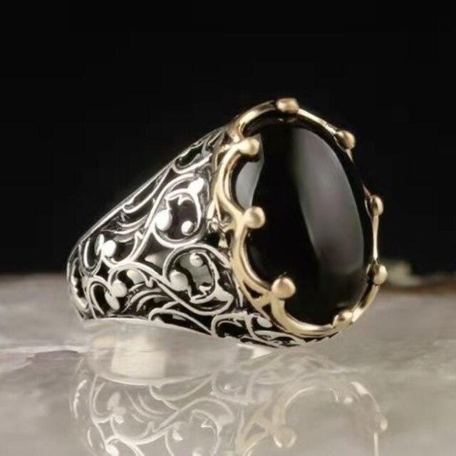 New Retro Turkish Handmade Silver Color Men Rings Vintage Carved Eagle Pattern Black Zircon Stone Rings  Punk Muslim Jewelry