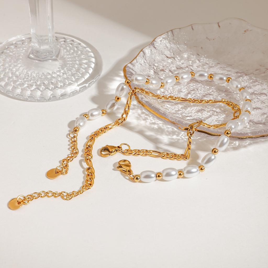  Glass Pearl Double-layered Anklet 18K Gold Plated Stainless Steel Women's Trendy Jewelry for Daily Summer Beach