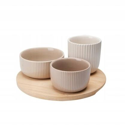 Zestaw 3 miseczek ceramicznych do serwowania z okrągłą tacą bambusową
