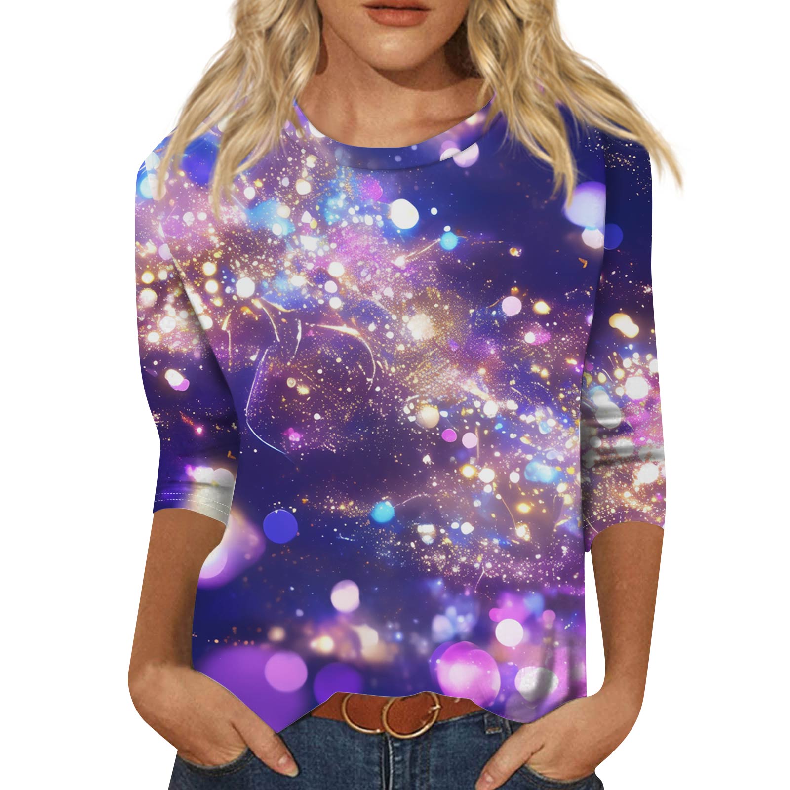 

Women s Fashionable Casual Three-Quarter Sleeve Carnival Print Neck Top XL фіолетовий