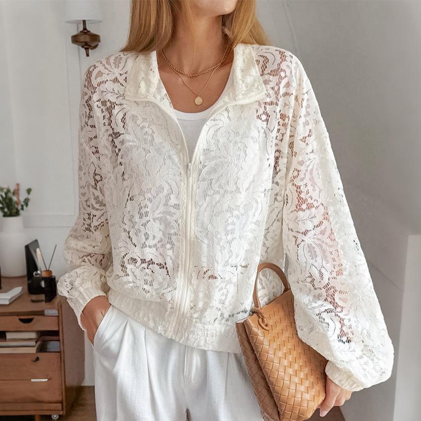 French Retro Perspective Lace Splicing Jacket European and American Foreign Trade Lapel Hollow Sunscreen Cardigan Lantern Long Sleeve Outer