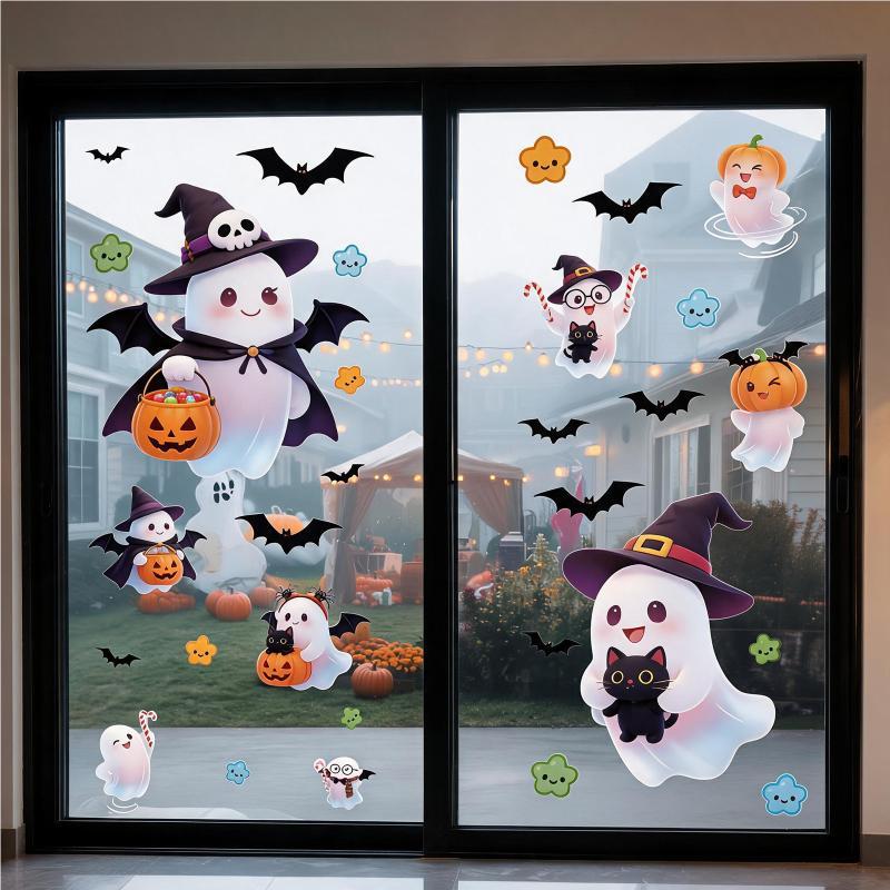 Cute Halloween Window Clings With Ghost Pumpkin Bat Patterns Easy Peel Design For Home Party Decorations