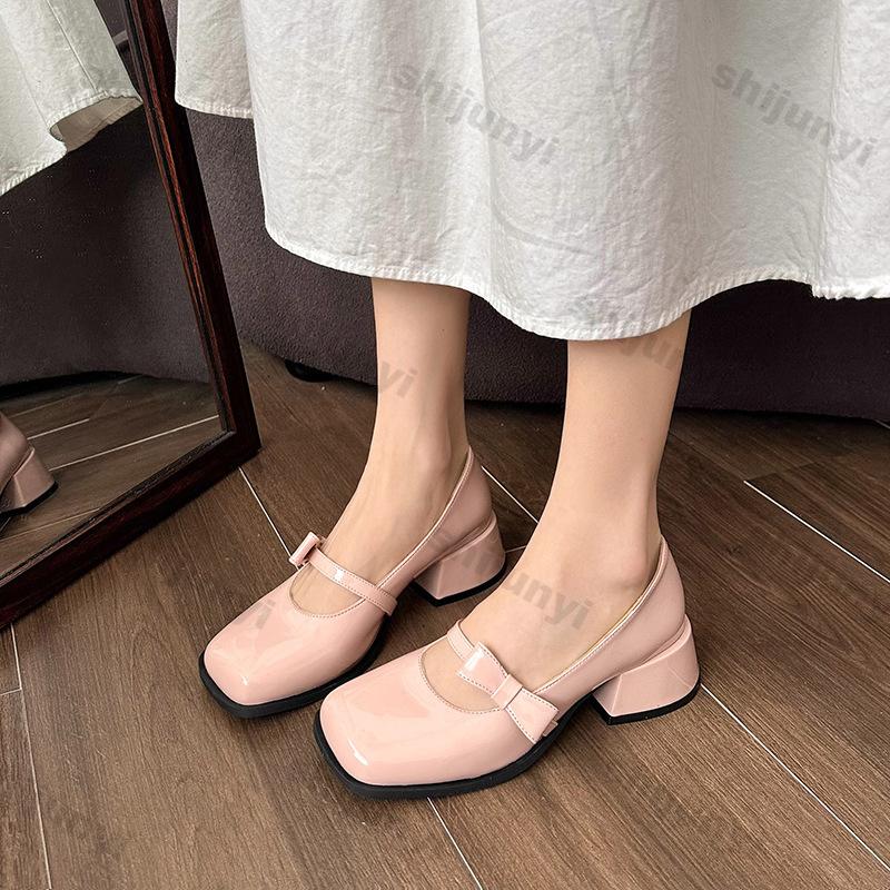 Modische Mary Janes mit eckiger Spitze und Schleifen für Damen, Frühling Neue Mode High Heels Leder Plateaupumps Frau Slipper Dicke Absätze Einzelne Schuhe