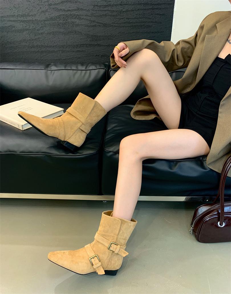 

Thick heel retro khaki suede western cowboy boots short boots women s shoes autumn 2025 new single boots small naked boots 39 хаки