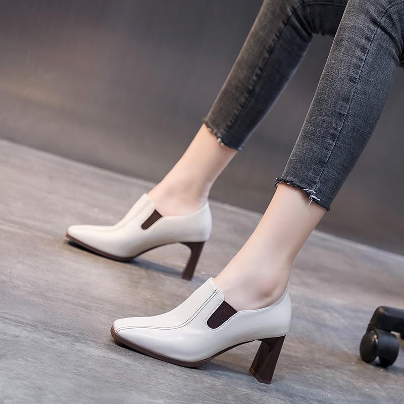 Women's Fashion Chunky Heel Slip-On Square Toe High Heels - British Style Leather Shoes for Autumn/Winter 2025