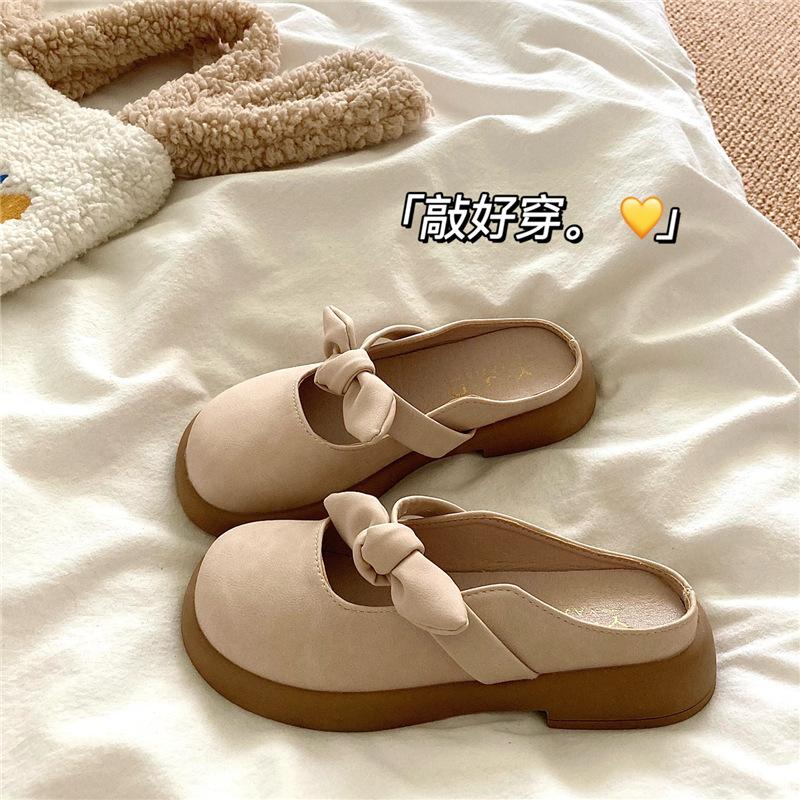 

Soft waxy fairy wind~! Step on shit feeling bow girl heart sandals woman ins summer bag head breathable outer slippers 35 бежевый