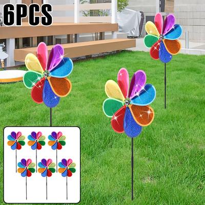 6Pcs Plastic Flower Wind Spinner Eight Leaf Bird Repellent Pinwheel Fade Resistant Sparkly Pinwheel Eye Catching for Yard Garden