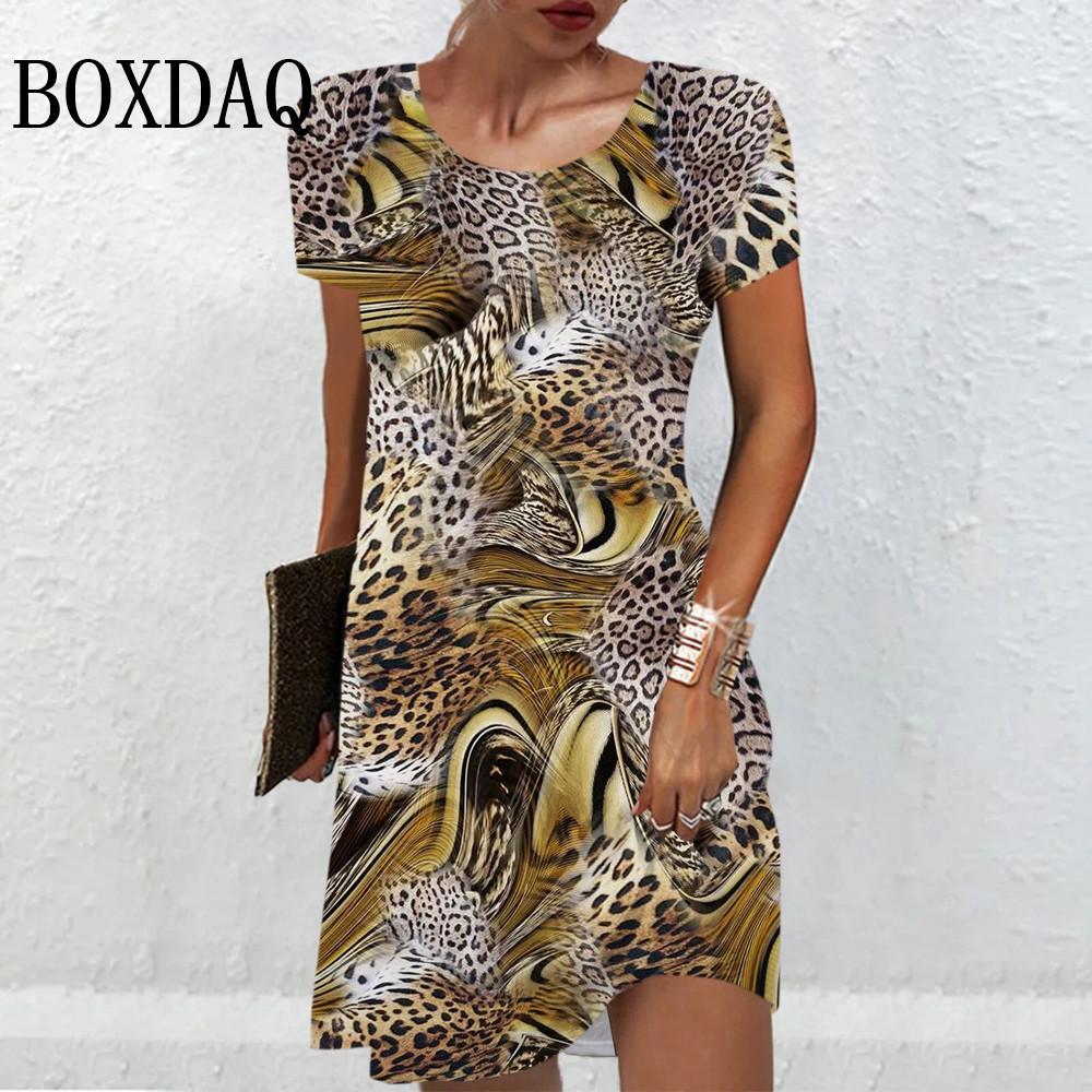 New Spring Women Dress Fashion Street Abstract Leopard Print Lady Dress Summer Casual Loose Female Clothing S