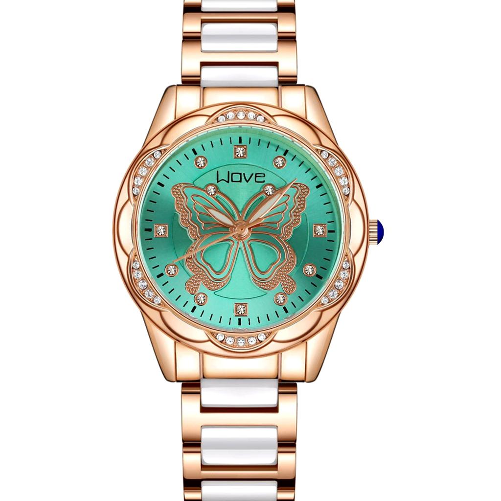 Women Quartz Watch Simulation Ceramic Rhinestone Butterfly Wristwatch