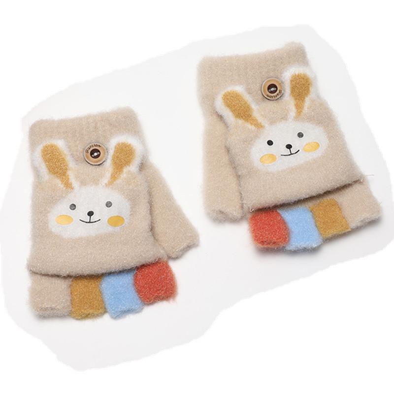 Cartoon Rabbit Flip-Top Unisex Children's Gloves - Cute Warm Half-Finger Design for Autumn/Winter