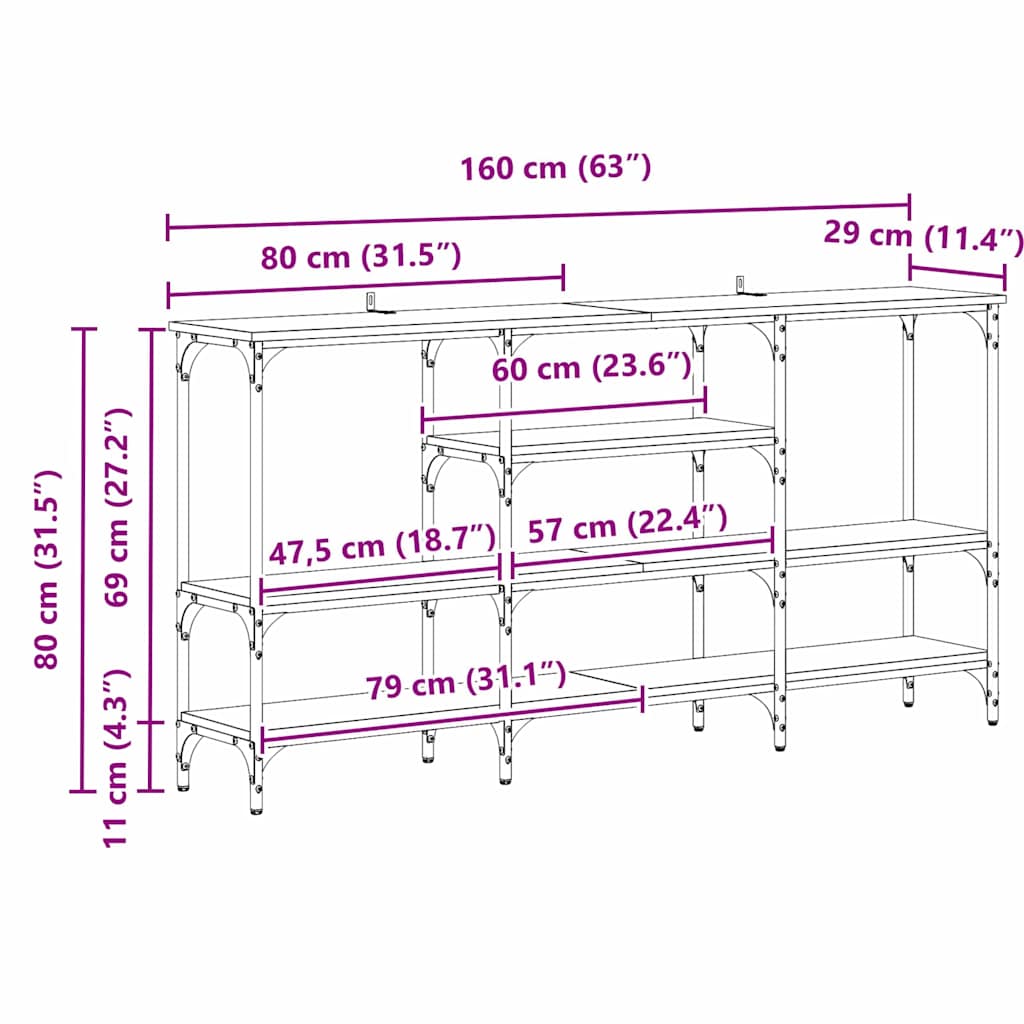 Console Table with Shelf Black Oak Effect 160 X 29 X 80 Cm