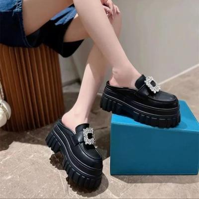 Mode 2024 Neue Einfarbige Sommer Halbschuhe Erhöhte Kristall Mode Vielseitige Halbschuhe Damenschuhe Dickbesohlt Hohe Absätze