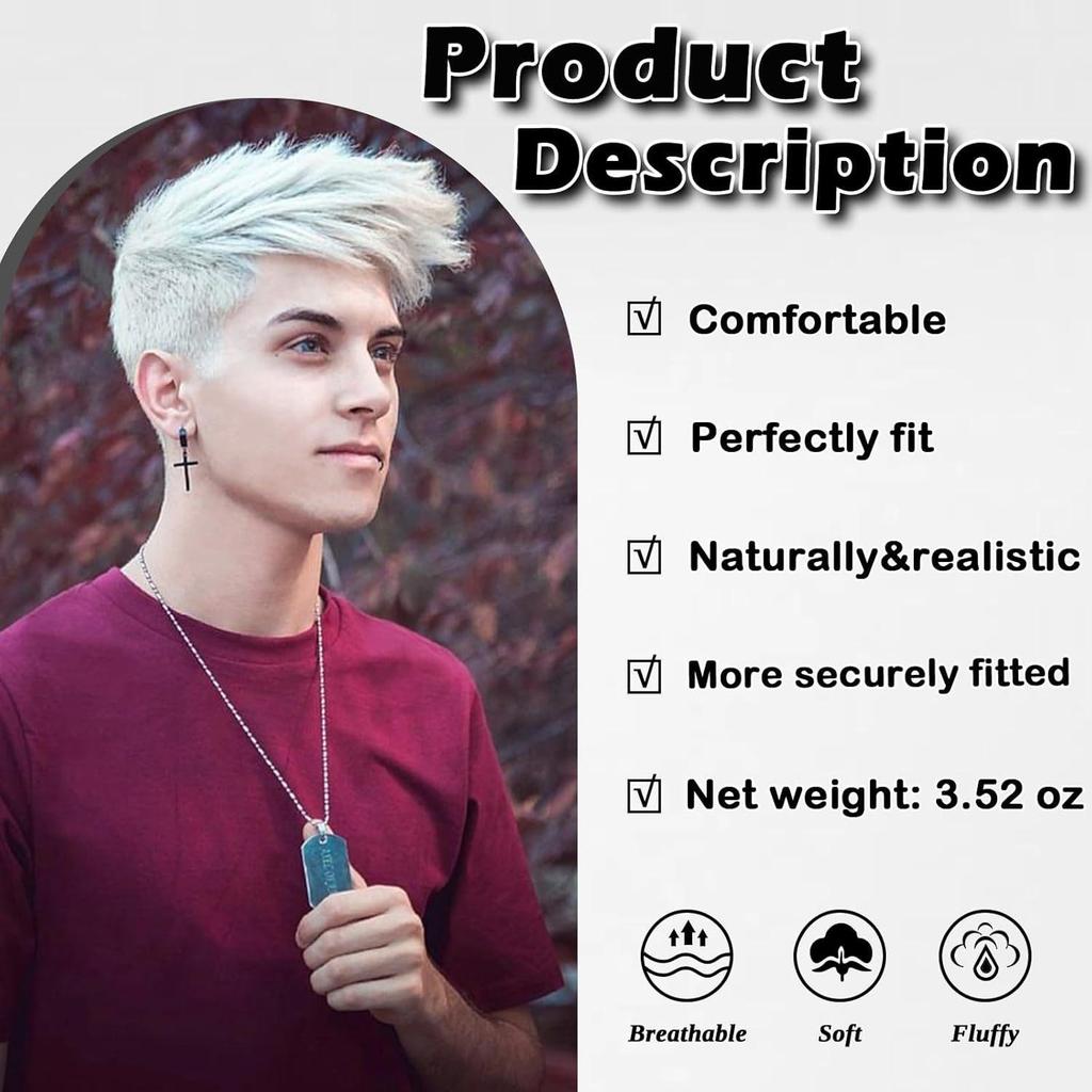 Men's Fashion Short Straight Wig, White Side-Part High-Temperature Fiber Hairpiece