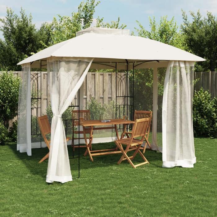 VidaXL Tonnelle double toit et parois en filet crème 2,94x2,94 m acier, tonnelle de jardin, tonnelle de patio, pavillon, 368454