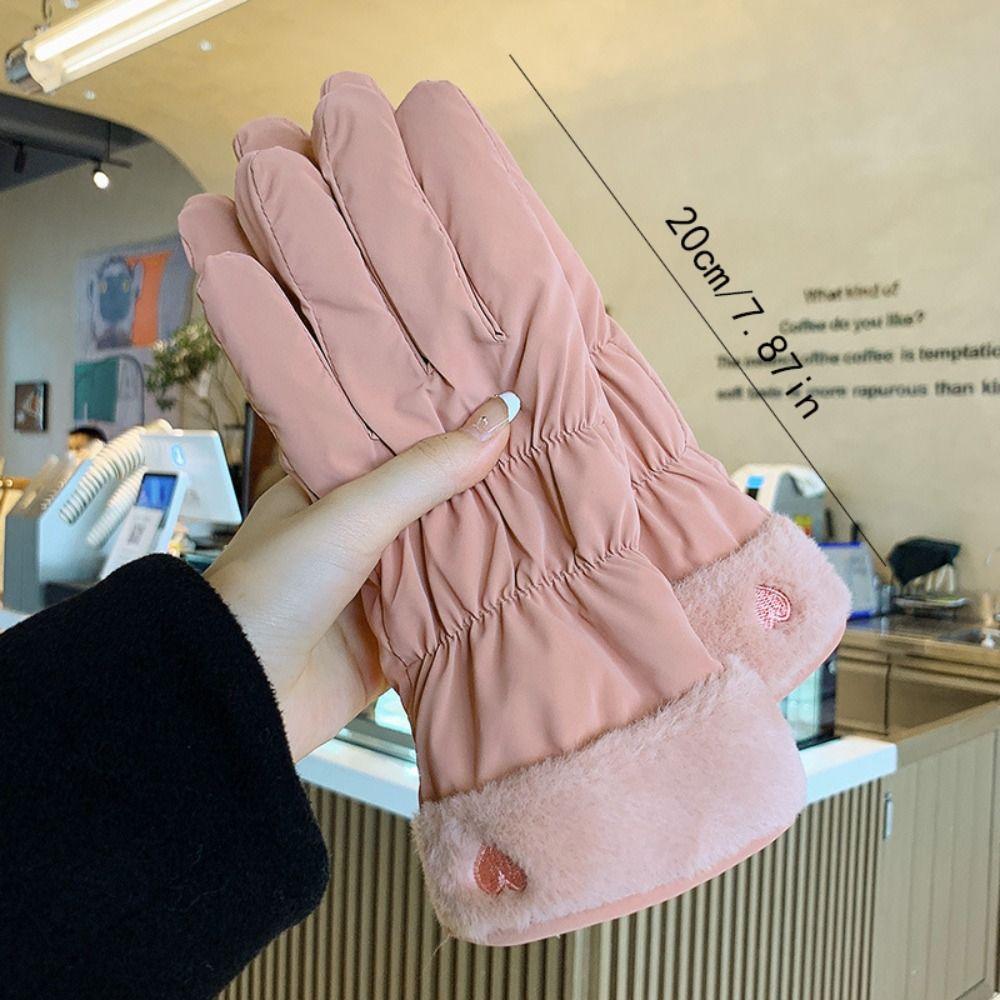 Fashion Warm Winter Plush Gloves Skiing Thicken Heart Embroidery Gloves Korean Soft Five Finger Gloves Girls
