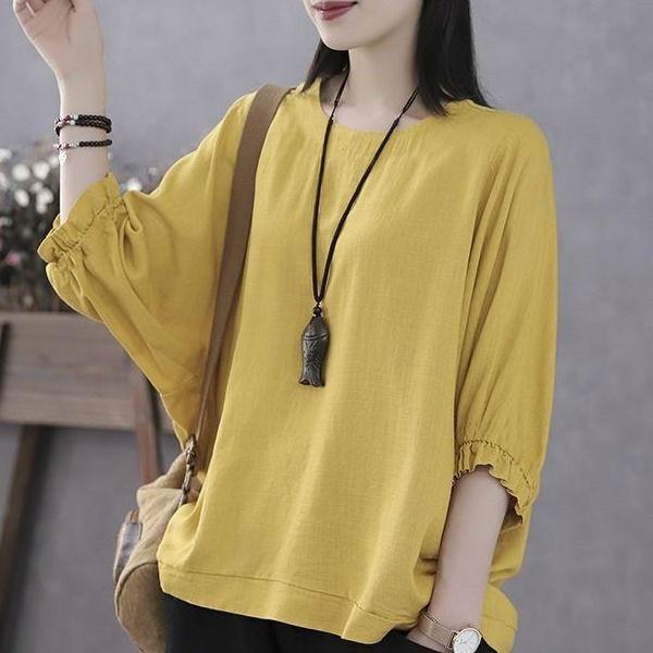 Loose Round Ne Bat Sve Top Pure Color Women's T-irt Polyester Fabric Batwing Sve Casual Comfortable Summer Top