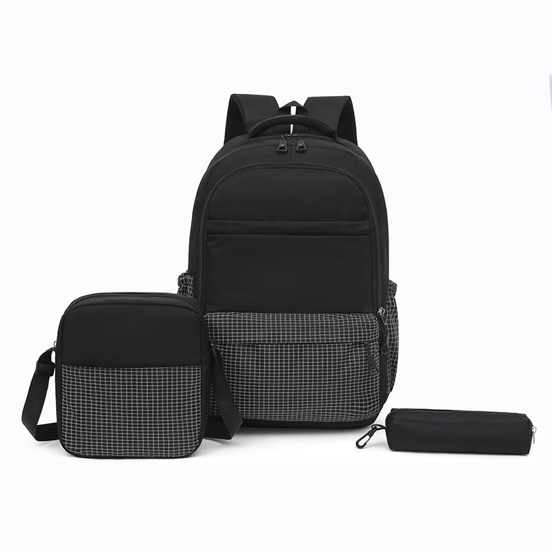 Unisex Plaid Nylon Backpack Set with Shoulder Bag and Pencil Case School Bag