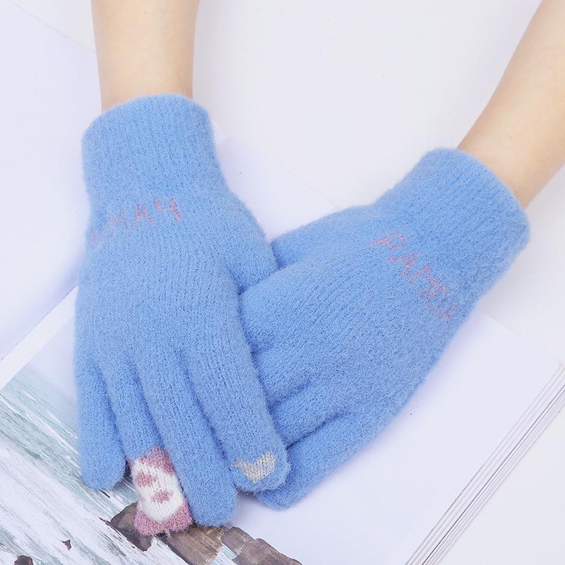 

Gloves Women Winter Cute Cartoon Korean Plush Knit Fleece Student Warm Touchscreen Gloves Wholesale One Size синий