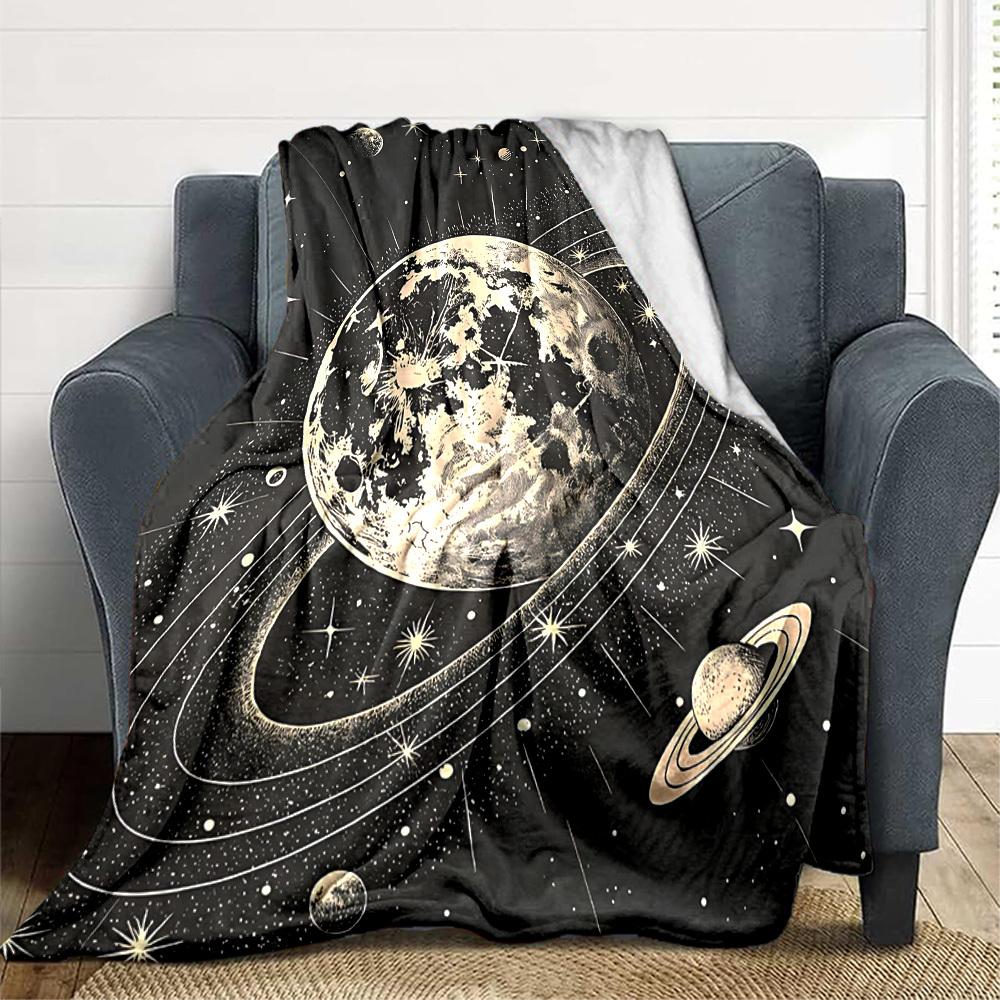 1pc Moon Saturn Print Blanket   Lightweight Flannel Throw Blanket For Sofa, Bed, Living Room, Office, Outdoor Travel, Camping