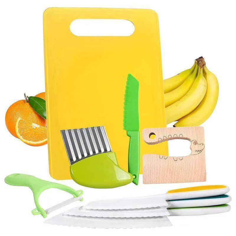 Child-Safe Plastic Cutlery Set: Baby Food Masher, Embossing Mold, and Kids' Cutting Board