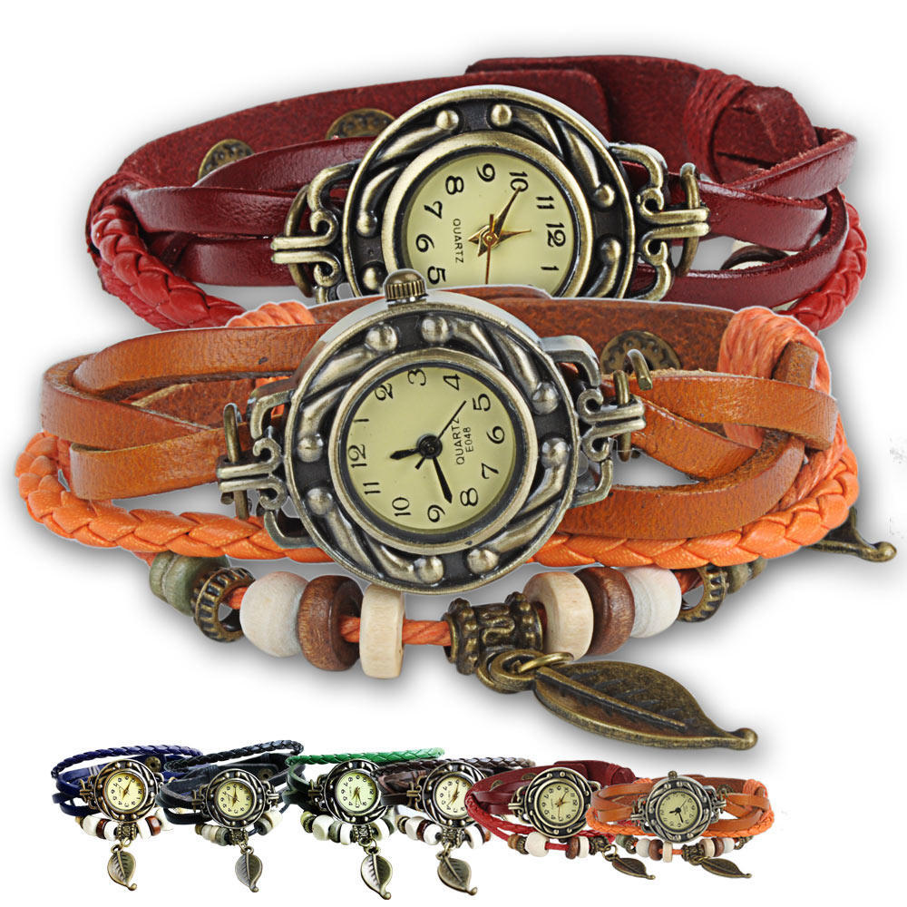 Womens Leather Tree Leaf Quartz Wrist Watch Bracelet Orange Watch