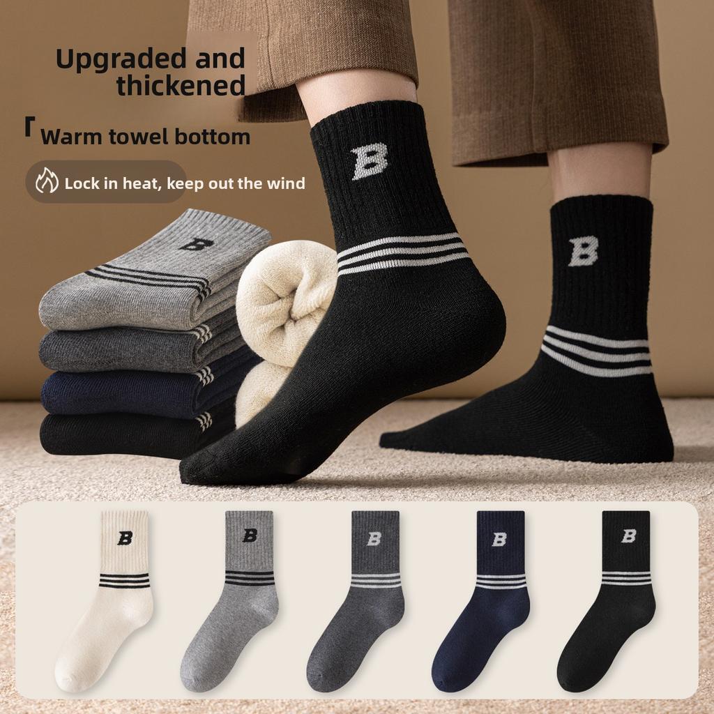 5 Pairs of Men's Winter Velvet and Thick Warm Wool Hoop Letter Stripes College Style Floor Mid Socks