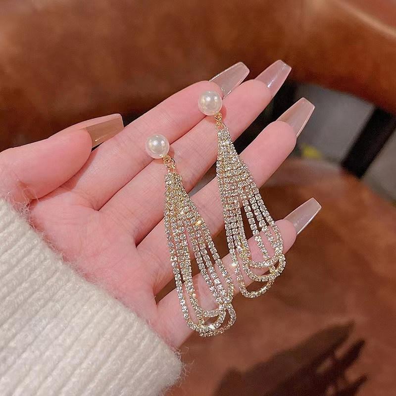 Korean Long Tassel Pearl Dangle Earrings for Women Luxury Full Rhinestone Gold Drop Earrings Wedding Party Jewelry Gift