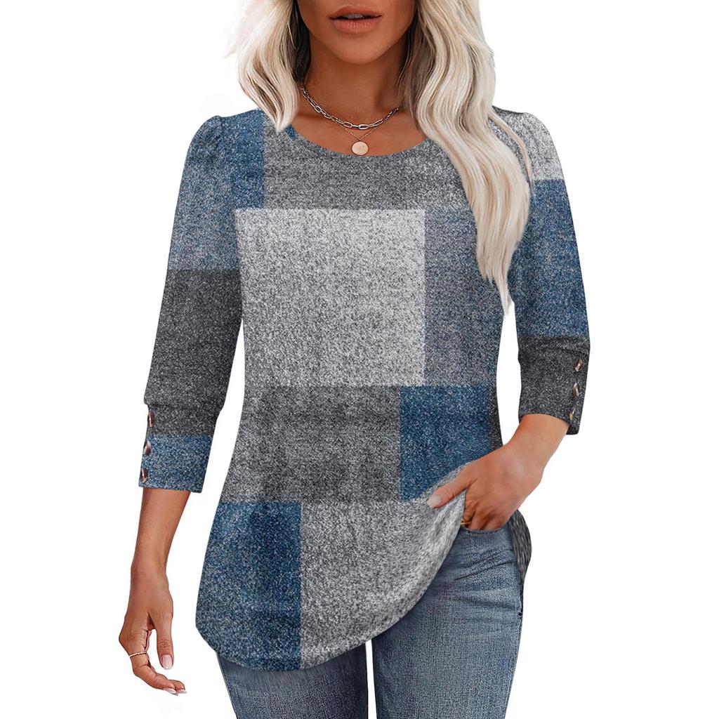 Women's Casual Loose Fit Top Three Quarter Sleeve Crew Neck Blouse Button Detail Lightweight Comfortable Fabric