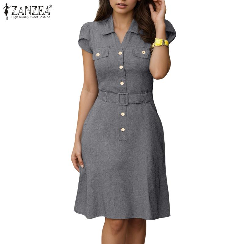 ZANZEA Women Classic Collar Summer Casual Short Sleeve Dress