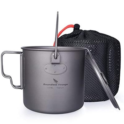 Titanium Single Mug Mug 500ml 900ml 1100ml 1250ml Folding Handle Open Fire Ultra Light Outdoor Camping Titanium Mug Cup (with Lid) (Hanging 1100ml)