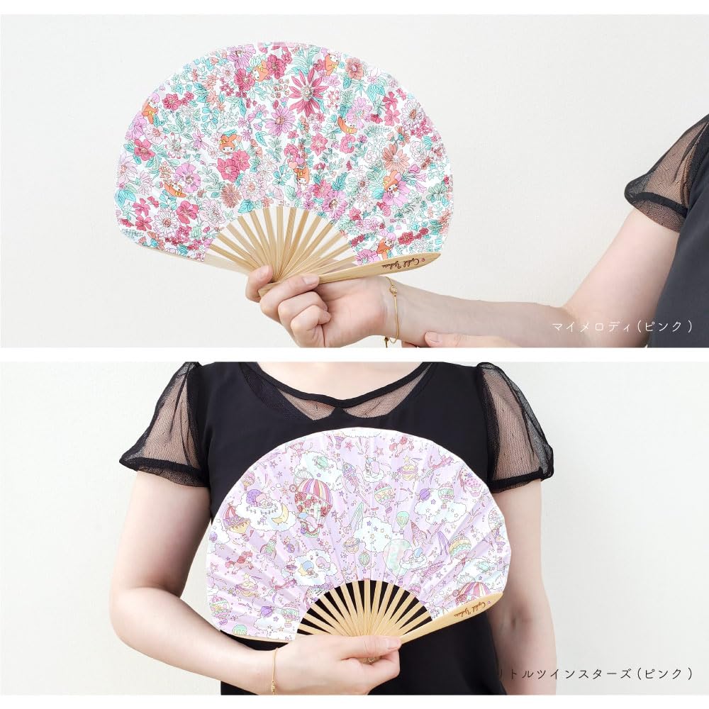 Sanrio Characters Liberty Print Folding Fan with Floral Cute and Perfect for Western and Japanese Summer Heat Comes In a Paulownia Wood Box with Fan
