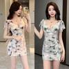 New Nightclub Sexy Celebrity Mesh Printing Loose Powder Irregular Dress Slim Hip Skirt Work Clothes