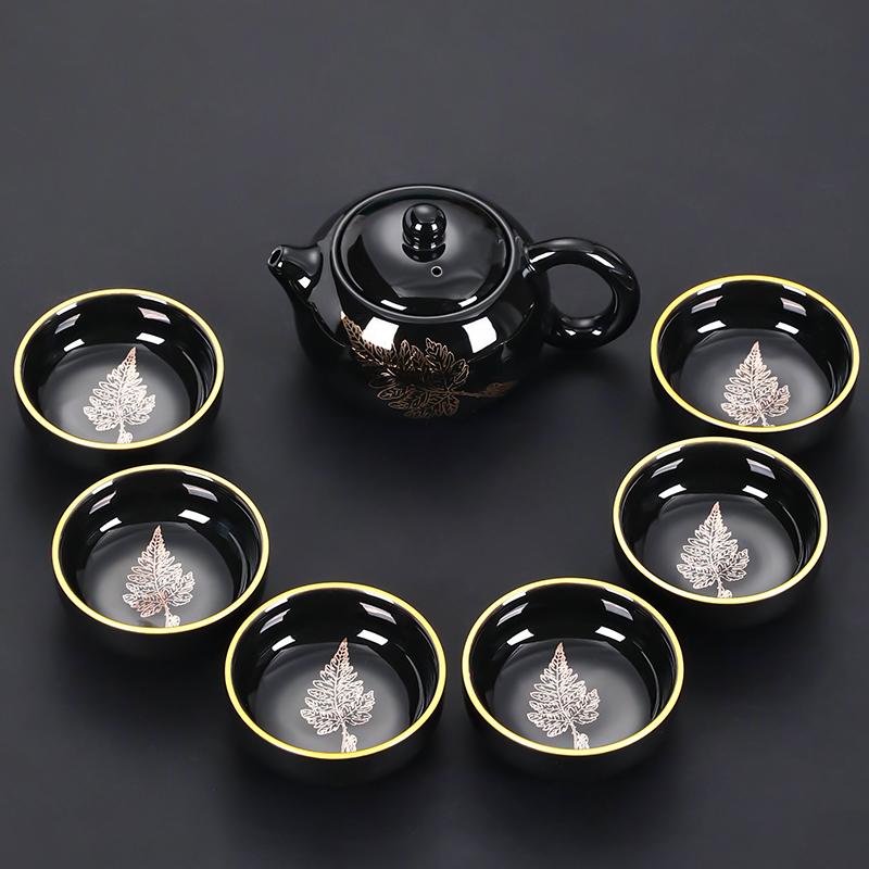 

Kung Fu Tea Set for 6 People Household Chinese Style Black Gold Glazed Ceramic Tea Set Drinking Utensils Tea Pot Gaiwan Teacup