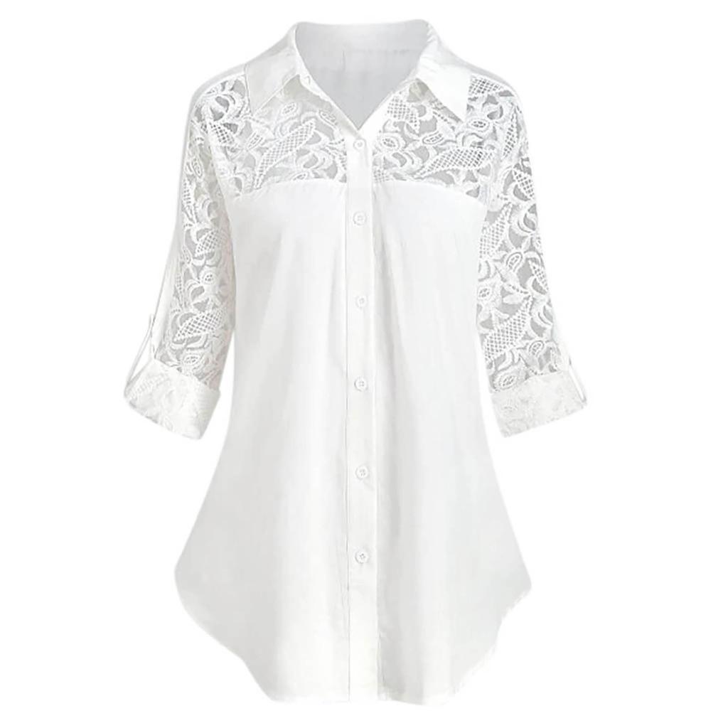 Women's Fashion Loose Casual Plus Size Lace V-Neck Button Down Long Sleeve Shirt
