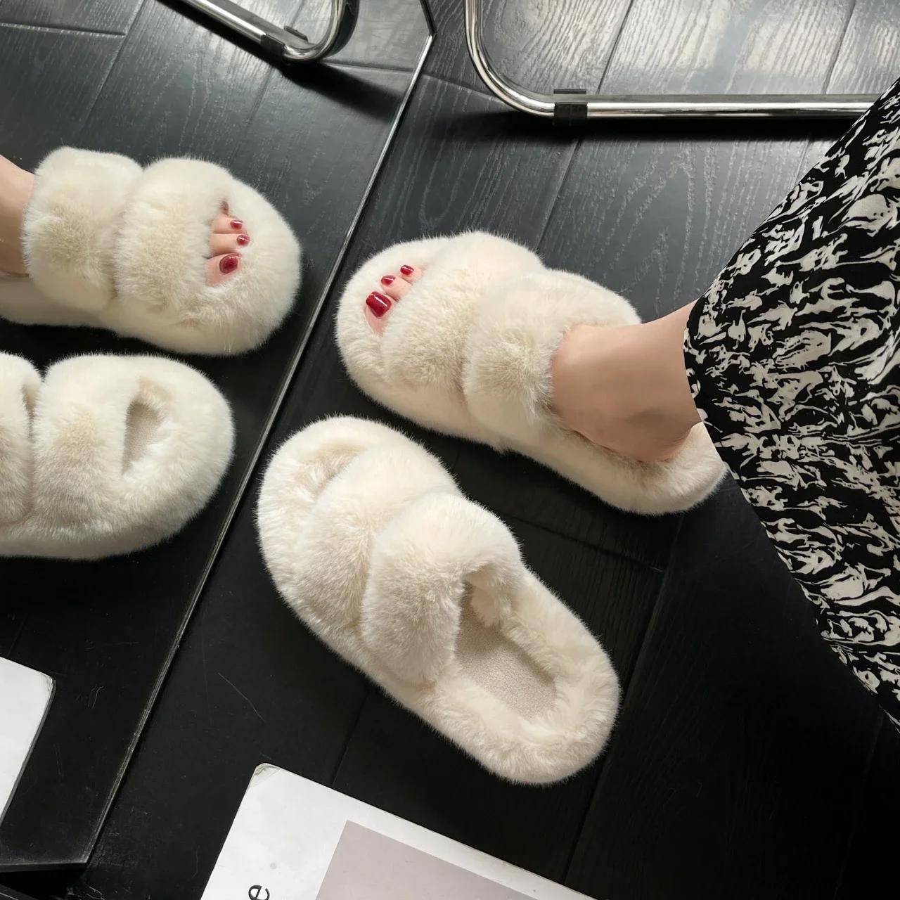 2024 Новая модная женская обувь милые плюшевые домашние тапочки на толстой подошве зимние теплые плюшевые тапочки 35 бежевый 1877₽