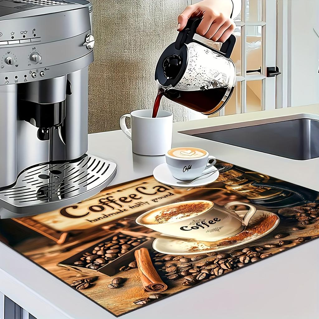 1Pcs Dish Rubber Drying Mat With Coffee Themed Print  For Coffee Shop Restaurant Kitchen Carpet Tableware Durable Diatom Mud Table Mat Coffeeware