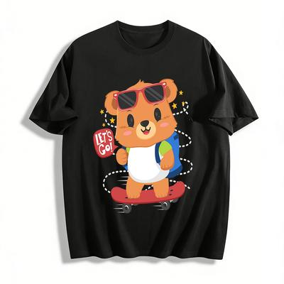 Kids Boys Girls Cute Skateboard Bear Print T-Shirt Casual Breathable Top For Family Trip Pure Cotton T-shirt