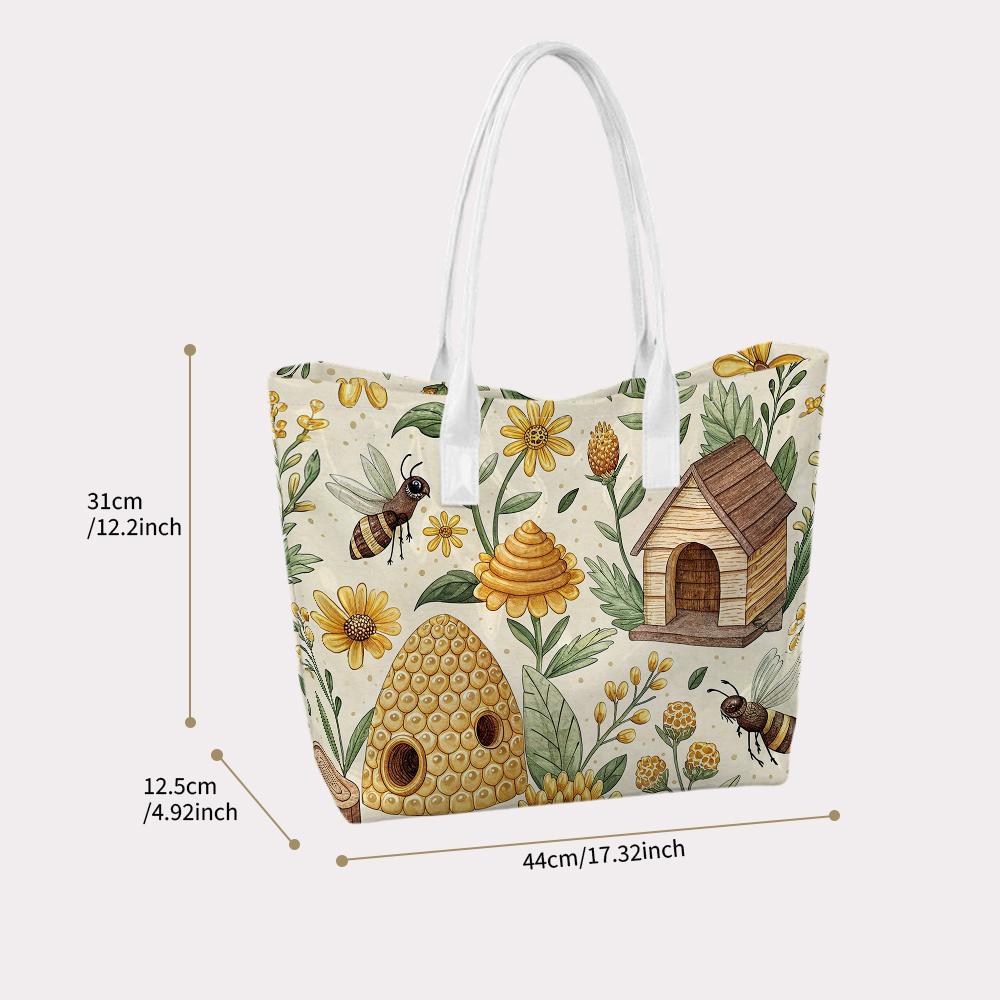 Bee Flower Pattern Tote Bag Casual Fashion Handbag for Daily Shopping Travel Use